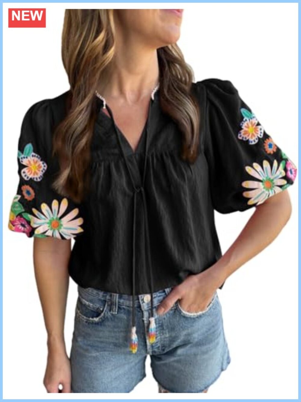 Boho Embroidered Tunic Top V Neck Puff Sleeve Lace Trim Women's Casual Summer